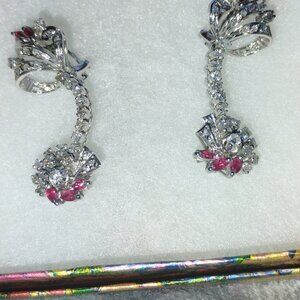 Palladium ruby and diamond dangling earrings